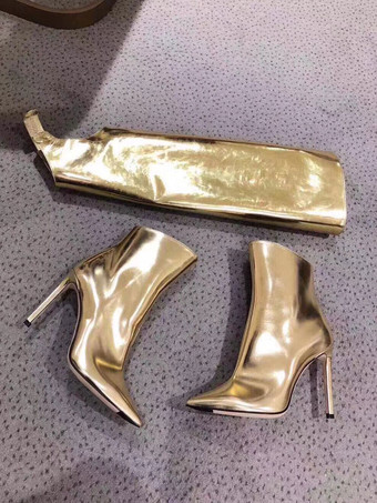 ゴールドコンバーチブルニーハイブーツ メタリックミラー ブライトレザー 膝丈 プロムパーティーブーツ