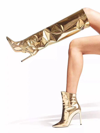 ゴールドコンバーチブルニーハイブーツ メタリックミラー ブライトレザー 膝丈 プロムパーティーブーツ