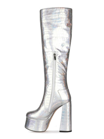 Bottes au genou en cuir argenté bout rond cuir brillant talon épais femmes éblouissantes bottes au genou
