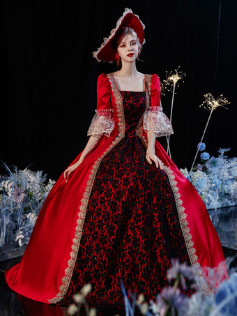 女性のビクトリア朝のドレスコスチュームレトロフリルフレア半袖ドレスヴィンテージドレスカーニバル バーガンディ