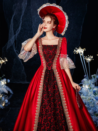 女性のビクトリア朝のドレスコスチュームレトロフリルフレア半袖ドレスヴィンテージドレスカーニバル バーガンディ