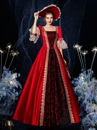 女性のビクトリア朝のドレスコスチュームレトロフリルフレア半袖ドレスヴィンテージドレスカーニバル バーガンディ