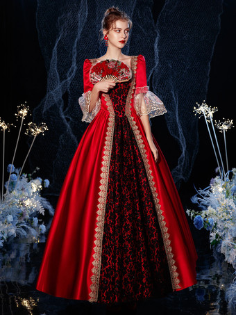 女性のビクトリア朝のドレスコスチュームレトロフリルフレア半袖ドレスヴィンテージドレスカーニバル バーガンディ