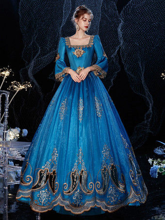 Rococo Victorien Rétro Costume Robe Bleu Royal Mascarade Dentelle Coton Cosplay Costume Carnaval