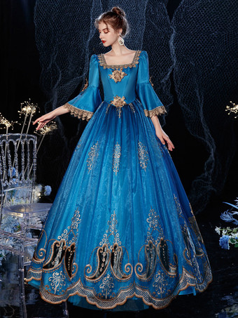 ヴィクトリアンスカート ロココ 仮面舞踏会 レースコットン コスプレコスチュームカーニバル ロイヤルブルー