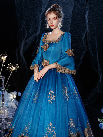 ヴィクトリアンスカート ロココ 仮面舞踏会 レースコットン コスプレコスチュームカーニバル ロイヤルブルー