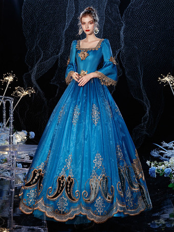 ブルー ヴィクトリアンスカート ロココ 仮面舞踏会 レースコットン コスプレコスチュームカーニバル ロイヤルブルー