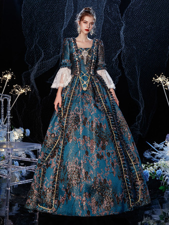 ロココ調ビクトリア朝風レトロコスチュームドレス フレアスリーブ レース刺繍 仮面舞踏会コスチューム