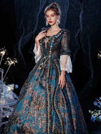 ロココ調ビクトリア朝風レトロコスチュームドレス フレアスリーブ レース刺繍 仮面舞踏会コスチューム