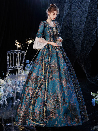 ロココ調ビクトリア朝風レトロコスチュームドレス フレアスリーブ レース刺繍 仮面舞踏会コスチューム