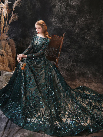 イブニングドレス aライン ジュエルネックトレイン 長袖 ジッパーレースレース フォーマル パーティードレス