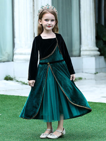 フラワーガールドレススクエアネックベロア長袖茶長aライン正式な子供ページェントドレス