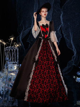 ブラック ロココビクトリア朝のレトロなコスチュームドレスフリル花柄レースコットンコスプレコスチュームカーニバル