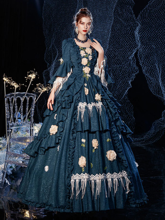 Vestido de baile vitoriano rococó vestido de fantasia retrô em camadas estampa floral azul marinho fantasia de carnaval