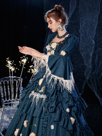 ロココビクトリア朝のレトロコスチュームドレスレイヤードフローラルプリントネイビーブルーコスプレコスチュームカーニバル