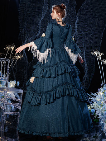 ロココビクトリア朝のレトロコスチュームドレスレイヤードフローラルプリントネイビーブルーコスプレコスチュームカーニバル