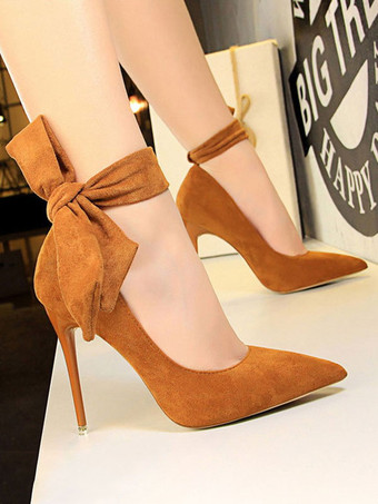 ラクダ色 女性のハイヒール先のとがったつま先スチレットヒール弓黒足首ストラップポリウレタンパンプス