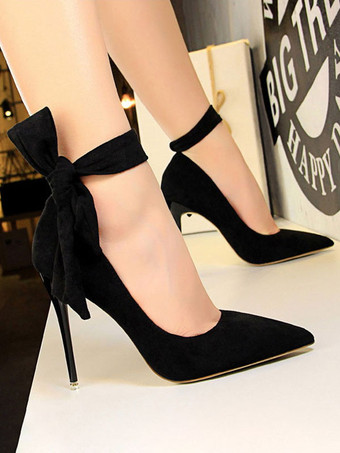 Women Black High Heels Bows Pointed Toe Stiletto Heel Ankle Strap