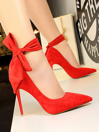 レッド 女性のハイヒール先のとがったつま先スチレットヒール弓黒足首ストラップポリウレタンパンプス