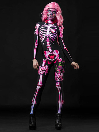 Costume Halloween Combinaison Zentai Squelette Tenue Rose