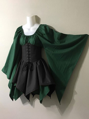 ダークグリーン中世ヴィンテージドレスブラウンレイヤードロングスリーブホルタースイングドレスウェディングドレス