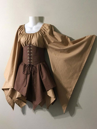 中世ヴィンテージドレスブラウンレイヤードロングスリーブホルタースイングドレスウェディングドレス