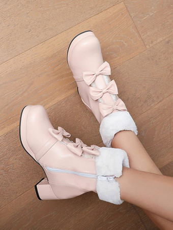 甘いロリータブーツラウンドトゥブラックリボンチャンキーヒールロリータブーツ