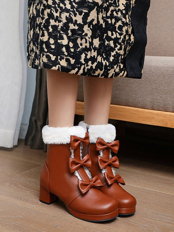 ディープブラウン甘いロリータブーツラウンドトゥブラックリボンチャンキーヒールロリータブーツ