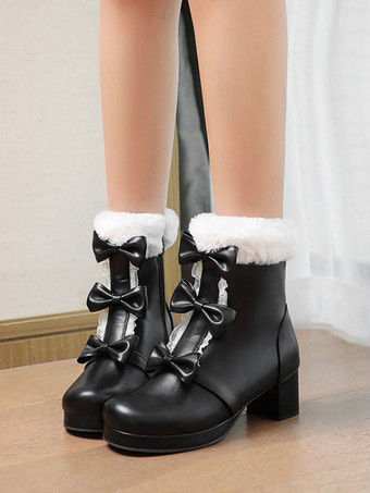 ブラック 甘いロリータブーツラウンドトゥブラックリボンチャンキーヒールロリータブーツ