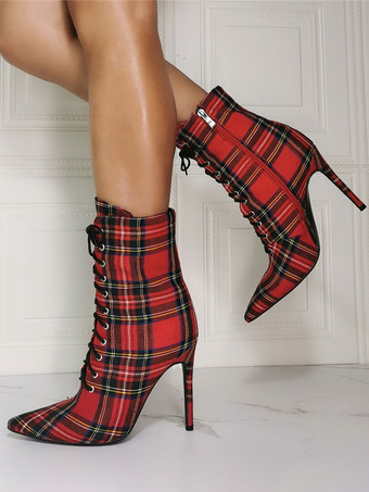 女性アンクルブーツレッドキャンバスポインテッドトゥスティレットヒールスカイハイ千鳥格子ブーティー