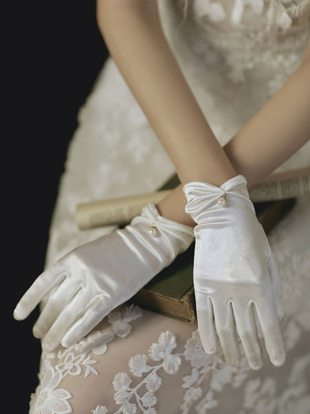 Gants de mariage Accessoire court Perles de satin mat Gants de mariée