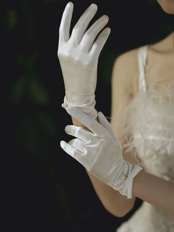 ivoire Gants de mariage Accessoire court Perles de satin mat Gants de mariée