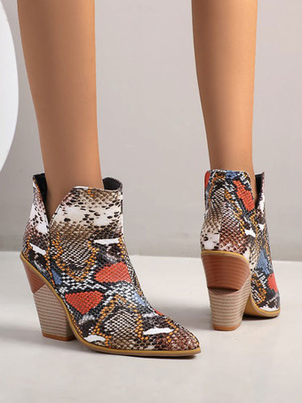 ブラウン 女性アンクル ブーツ ブルー レザー ポインテッド トゥ チャンキー ヒール スネークスキン プリント ブーティ
