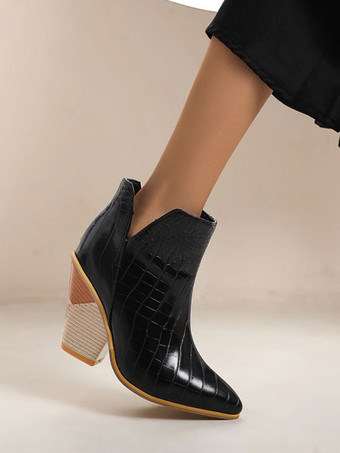 女性アンクル ブーツ ブルー レザー ポインテッド トゥ チャンキー ヒール スネークスキン プリント ブーティ