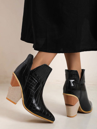 ブラック 女性アンクル ブーツ ブルー レザー ポインテッド トゥ チャンキー ヒール スネークスキン プリント ブーティ