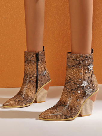 ブラウン 女性アンクル ブーツ イエロー レザー ポインテッド トゥ チャンキー ヒール スネークスキン プリント ブーティ