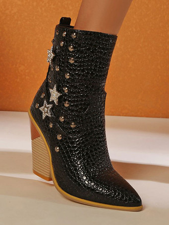 女性アンクル ブーツ イエロー レザー ポインテッド トゥ チャンキー ヒール スネークスキン プリント ブーティ