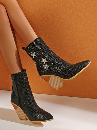 ブラック 女性アンクル ブーツ イエロー レザー ポインテッド トゥ チャンキー ヒール スネークスキン プリント ブーティ