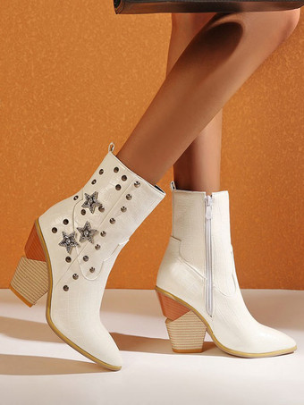 ホワイト 女性アンクル ブーツ イエロー レザー ポインテッド トゥ チャンキー ヒール スネークスキン プリント ブーティ