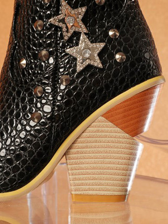 女性アンクル ブーツ イエロー レザー ポインテッド トゥ チャンキー ヒール スネークスキン プリント ブーティ