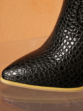 女性アンクル ブーツ イエロー レザー ポインテッド トゥ チャンキー ヒール スネークスキン プリント ブーティ