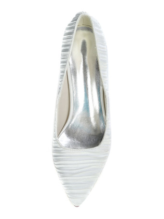 白いウェディングシューズサテンホワイト先のとがったつま先スチレットヒールブライダルシューズ