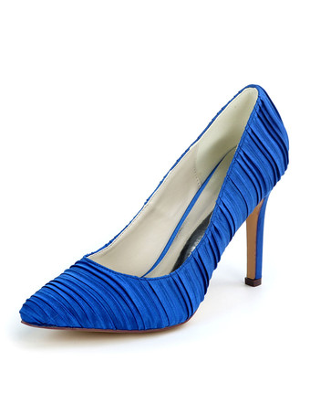 ロイヤルブルー白いウェディングシューズサテンホワイト先のとがったつま先スチレットヒールブライダルシューズ