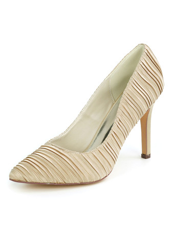 シャンパンカラー白いウェディングシューズサテンホワイト先のとがったつま先スチレットヒールブライダルシューズ