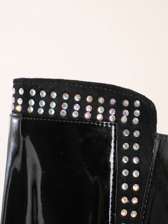 女性のオーバーザニーブーツパテントアッパーブラックラウンドトゥブライトレザーサイハイブーツ