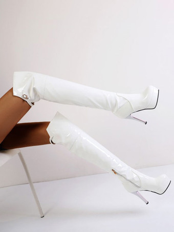 女性サイハイブーツハイヒール膝上ホワイトパテントアッパーブライトレザーラウンドタイトゥブーツ