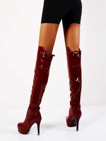 女性サイハイブーツハイヒール膝上ホワイトパテントアッパーブライトレザーラウンドタイトゥブーツ