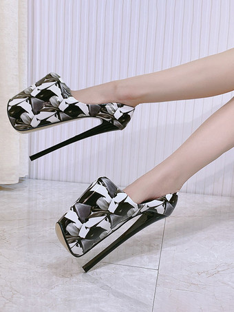 女性のプラットフォームは、ブラックスクエアトゥプリントセクシーシューズハイヒールの靴