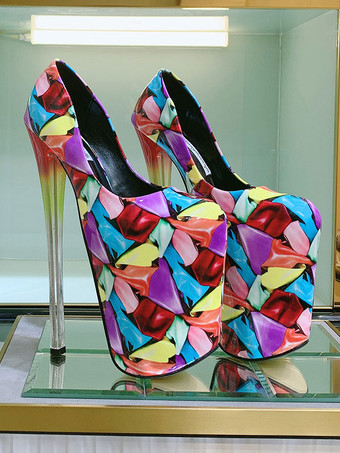 女性のプラットフォームは、ブラックスクエアトゥプリントセクシーシューズハイヒールの靴