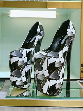 女性のプラットフォームは、ブラックスクエアトゥプリントセクシーシューズハイヒールの靴